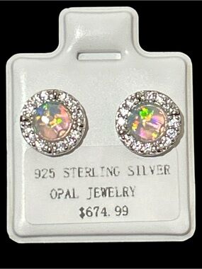 Sterling Silver Opal Halo Stud Earrings - Pink Opal